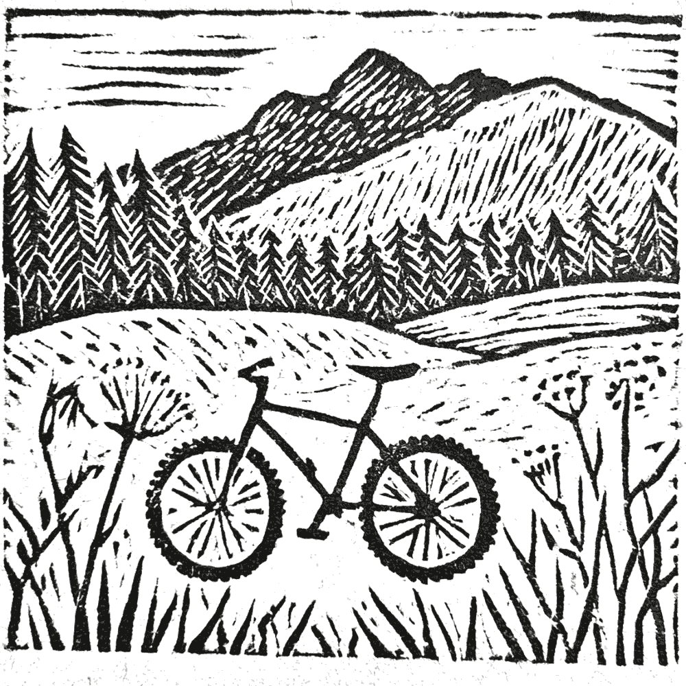 Linocut print of a mountain bike in a meadow below a ridge