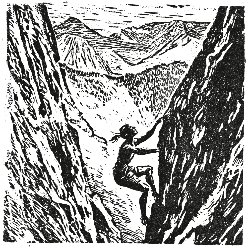 Linocut print of a climber working up a rock face above a mountain valley