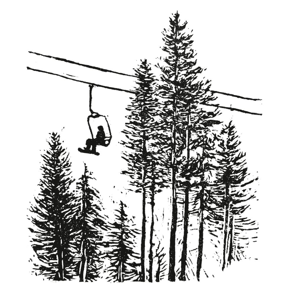 Linocut print of a rider on a chairlift above tall pines